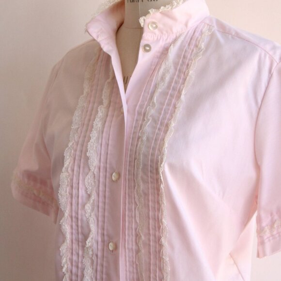 Vintage 1960s Blouse, Pink Cotton Tuxedo Front with Ruffled Lace Trim and Nehru - Picture 8 of 10